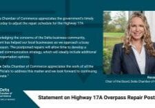 An image of a white woman with blonde hair (Rosanne Horner), smiling at the camera, with the Delta Chamber logo on a dark blue/green background and the quote from Rosanne which is included in the blog post, as follows: “The Delta Chamber of Commerce appreciates the government’s timely decision today to adjust the repair schedule for the Highway 17A overpass. By acknowledging the concerns of the Delta business community, government has helped our local businesses as we approach a busy holiday season. The postponed repairs will allow time to develop a coordinated communication strategy, which will ideally include additional public transportation options. Finally, the Delta Chamber of Commerce appreciates the work of all the elected officials to address this matter and we look forward to continuing to collaborate on solutions.”